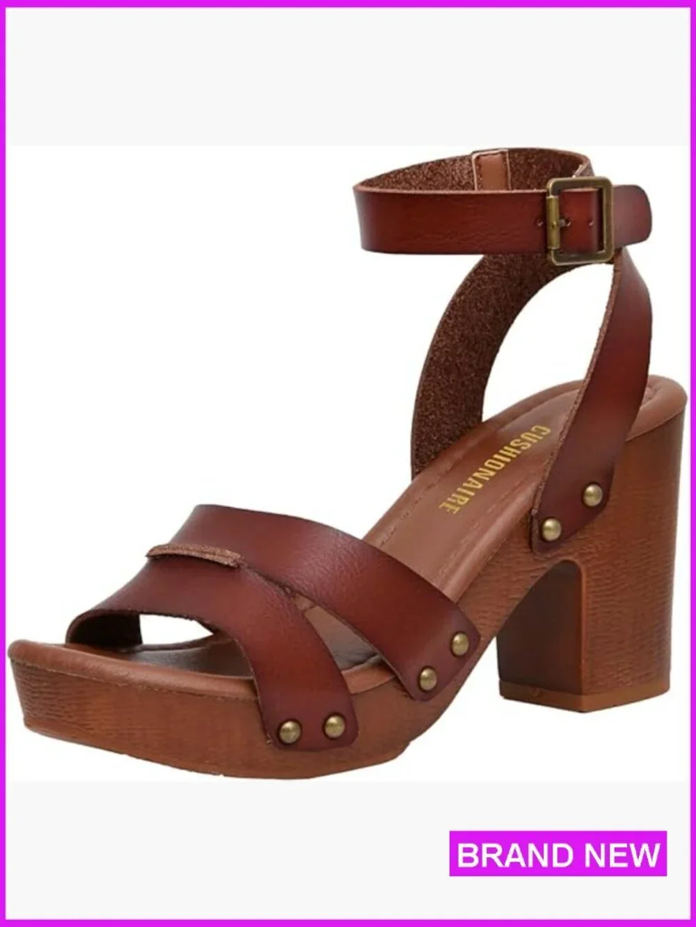 Platform Wedge Sandals with Faux Wood Block Heel and Studded Straps